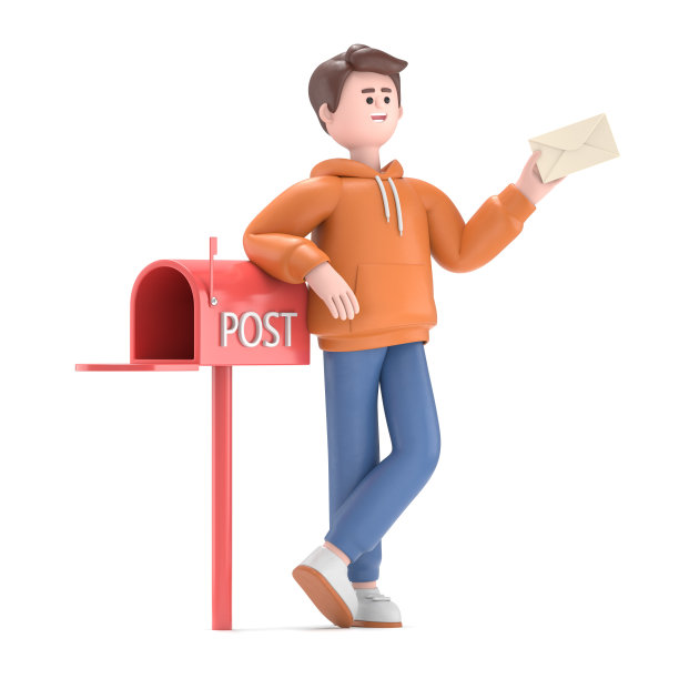 男性卡迪尔收到一封重要信件的3D插图。站在邮箱旁边，拿着一个信封。白色背景的3D渲染。图片下载