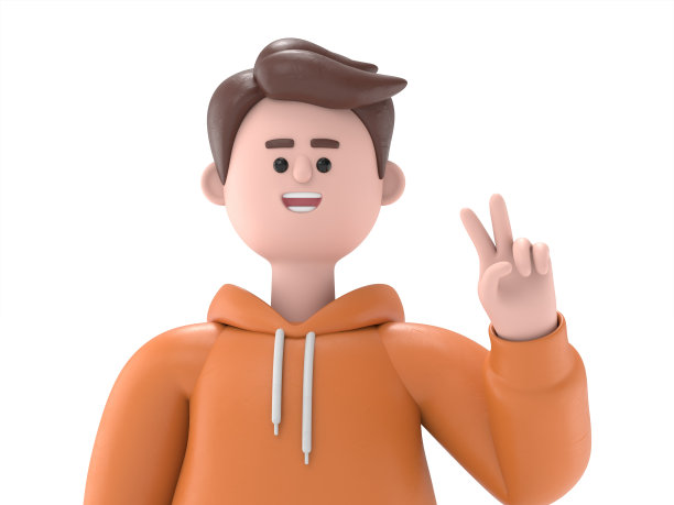 3D插图的男子卡迪尔眨眼的镜头做胜利的手势。二号人物。白色背景的3D渲染。图片下载