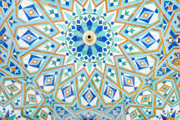 摩洛哥马赛克瓷砖，摩洛哥卡萨布兰卡哈桑二世清真寺的陶瓷装饰图片下载