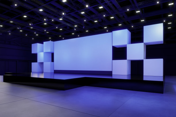 空舞台设计的模型和企业形象，展示。大厅的平台元素。空白屏幕系统的图形资源。场景事件引导的夜光舞台。3d背景在线事件，会议，直播。3渲染。图片下载