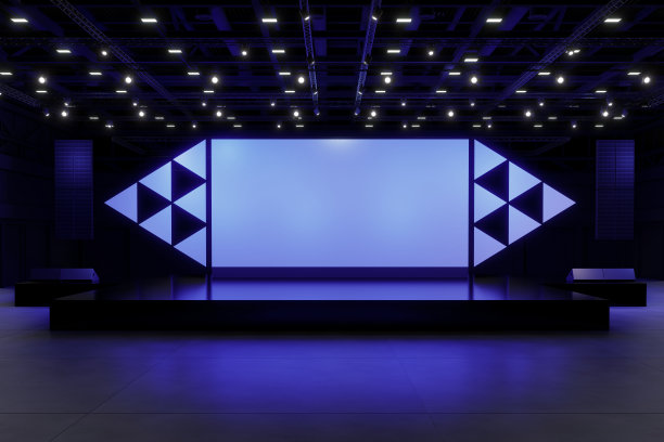 空舞台设计的模型和企业形象，展示。大厅的平台元素。空白屏幕系统的图形资源。场景事件引导的夜光舞台。3d背景在线事件，会议，直播。3渲染。图片下载
