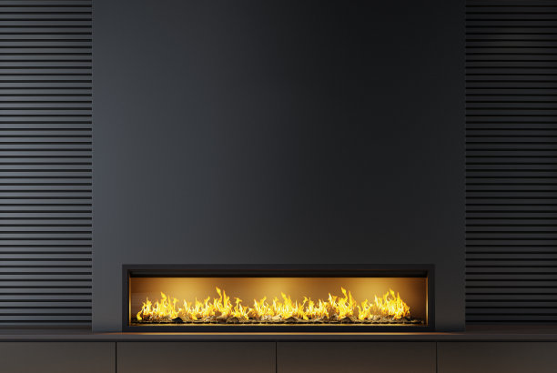 黑色墙壁上的现代极简主义壁炉图片下载