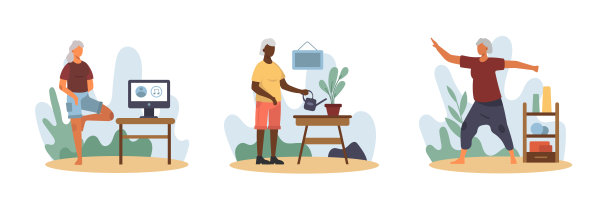 老太太站在电脑旁，一边听音乐一边训练。一位美国女士在家里给植物浇水图片下载