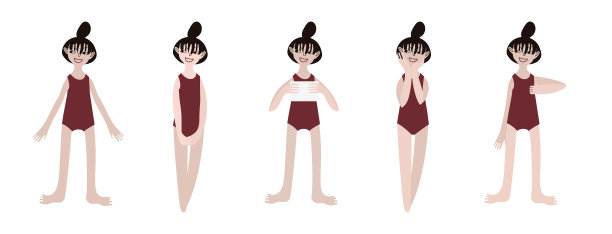 五个穿泳装的亚洲女孩。冷静的站立姿势:竖起大拇指，手里拿着一张纸。苍白的皮肤和深色的头发。矢量插图在平面风格图片下载