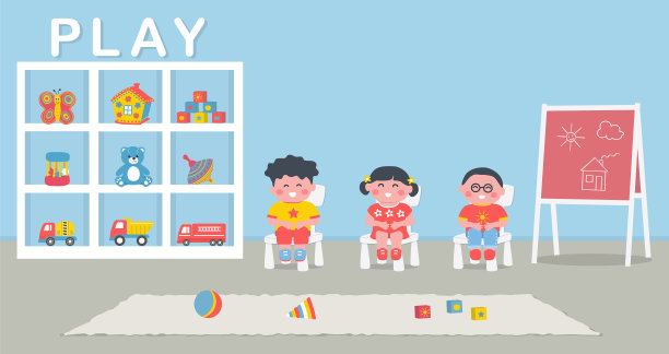 孩子们坐在儿童房的椅子上。游戏室内部图片下载