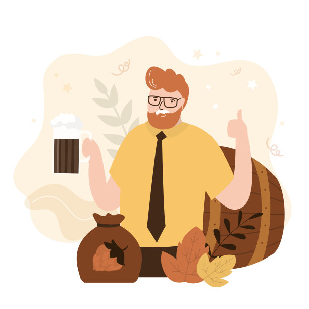 大胡子男子喝精酿啤酒。留着胡子的潮人拿着一杯啤酒。平面设计的酒吧和菜单设计。快乐的人享受着冷饮。图片下载