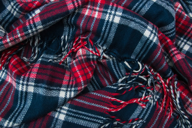 优质羊毛蓝、白、红笼织物纺织品。布背景。图片下载
