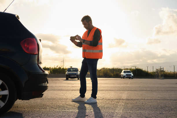 一名身穿反光背心的中年白人男子在户外停车场用智能手机给保险公司的车拍照的一般照片图片下载