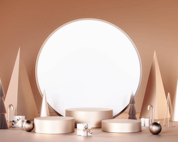 圣诞贺卡。金色圣诞装饰，空舞台或讲台，供产品展示。圣诞模型白色背景。图片下载