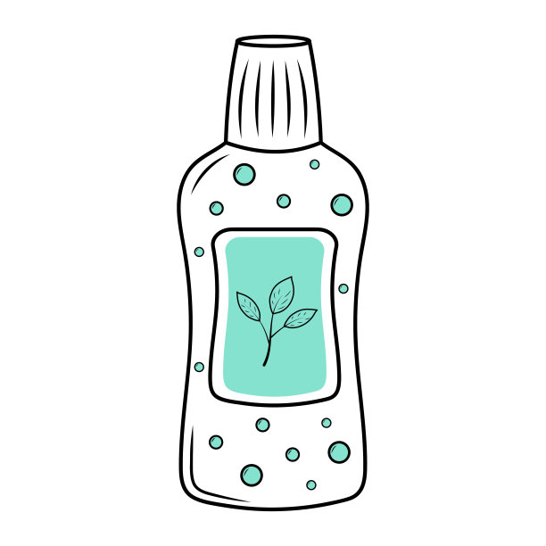 漱口水瓶子。牙齿护理用化妆品，牙齿保护用漱口水。线性涂鸦插图与蓝色的形状。口腔保健、口腔卫生理念。图片下载