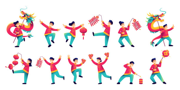 矢量快乐的孩子汉字中国新年集插图孤立图片下载