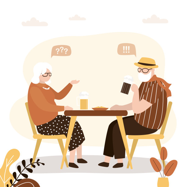 上了年纪的朋友们坐在桌边，喝着啤酒聊天。戴着啤酒杯的老情侣。爷爷奶奶玩得开心，放松，喝酒。家庭啤酒派对。图片下载