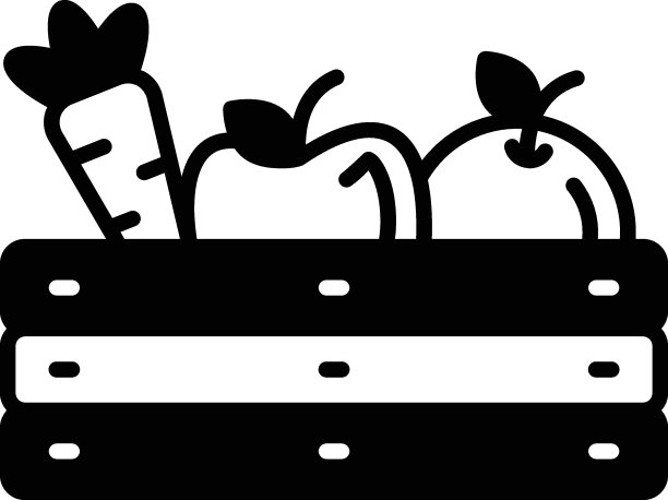 农民水果篮子概念，装满胡萝卜和苹果矢量图标设计的木箱，户外装饰符号，农场和植物标志，覆盖物和景观美化股票插图图片下载