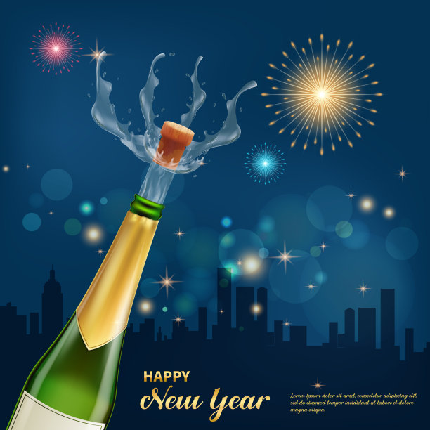 矢量插图与烟花和香槟酒瓶，背景图片下载