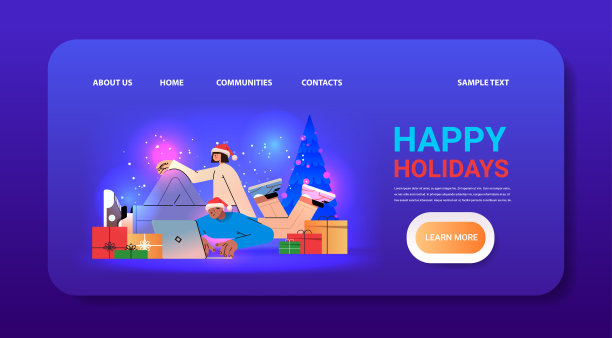 混血儿，男人，女人，戴着圣诞帽，站在装饰好的圣诞树旁，用笔记本电脑，社交媒体交流，庆祝新年图片下载