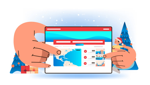 戴着圣诞老人帽子的男人在网上选择酒店，在网站上查询房间预订情况，使用旅行应用程序或预订服务图片下载