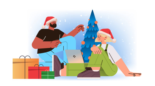 混合种族，男人，女人，戴着圣诞老人的帽子，靠近装饰的圣诞树，使用笔记本电脑，社交媒体交流新年假期庆祝概念图片下载