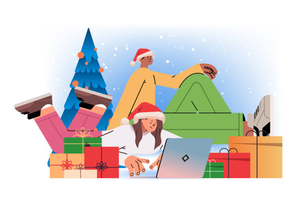 混血儿，男人，女人，戴着圣诞帽，站在装饰好的圣诞树旁，用笔记本电脑，社交媒体交流，庆祝新年图片下载