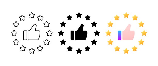 竖起大拇指和星星。不同的风格，颜色，星级，大拇指，应用评级。矢量图标图片下载