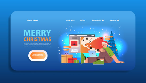 男子旅行者在圣诞老人的帽子计划旅行在世界地图上的电脑应用程序度假旅行新年假期庆祝概念图片下载