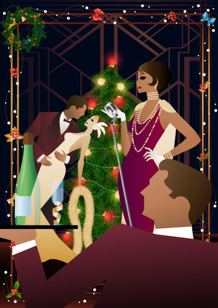 一名年轻女子穿着复古的裙子，拿着复古的麦克风站在圣诞树旁图片下载