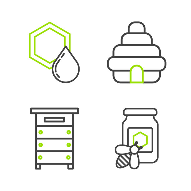 设置线罐蜂蜜与蜜蜂，蜂巢蜜蜂，蜂巢图标。向量图片下载