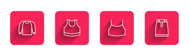 套装线毛衣，女式露脐上衣和长阴影裙。红色方块按钮。向量图片下载