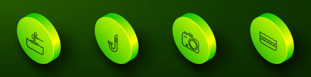 设定等距线滑水男子，浮潜，照片相机和游泳池图标。向量图片下载