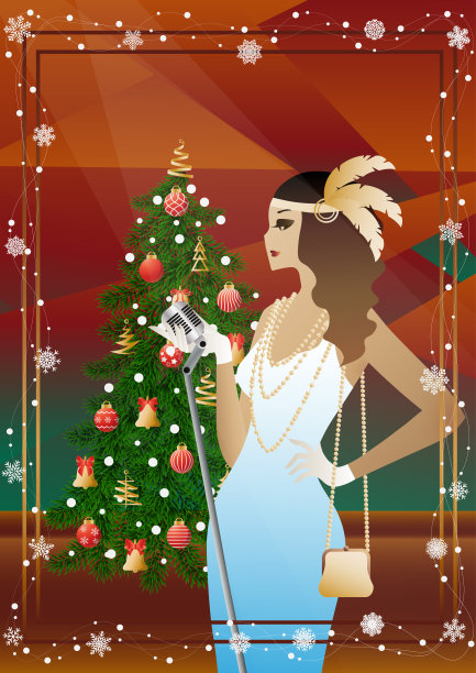 一名年轻女子穿着复古的裙子，拿着复古的麦克风站在圣诞树旁图片下载