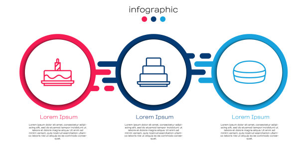 点燃蜡烛的蛋糕和马卡龙饼干。业务信息图表模板。向量图片下载