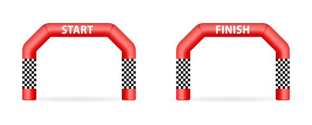 开始，结束旗帜和横幅的概念设计。充气整理拱门插图。红色充气拱，适合各种户外体育活动。矢量图图片下载