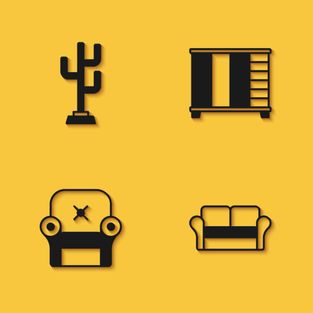 集大衣架，沙发，扶手椅和衣柜图标与长阴影。向量图片下载