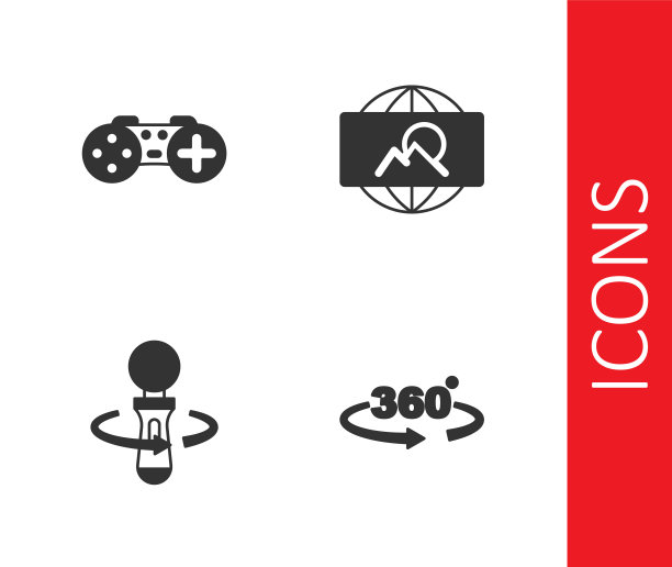 集360度视角，手柄，VR控制器游戏和广角图片图标。向量图片下载
