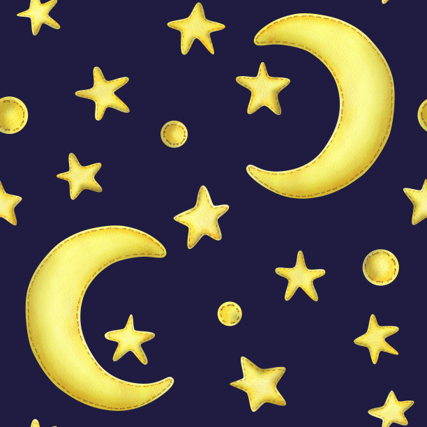 黄色的半月与星星从织物与线缝。水彩插图，手绘。深蓝色背景上的无缝图案图片下载
