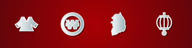 套装和服，韩元硬币，地图和灯笼图标。向量图片下载