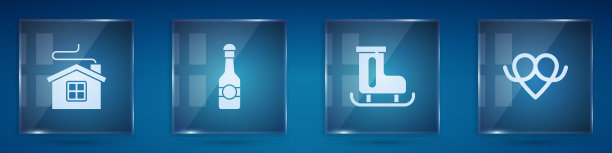 圣诞快乐房屋、香槟瓶、溜冰鞋和椒盐卷饼矢量素材图片下载