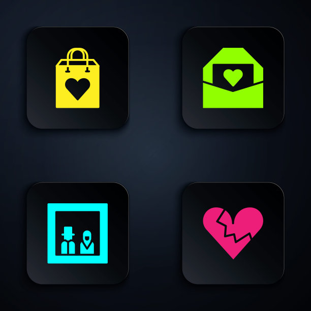 套装:心碎或离婚，购物袋，家庭照片和信封情人节。黑色方形按钮。向量图片下载