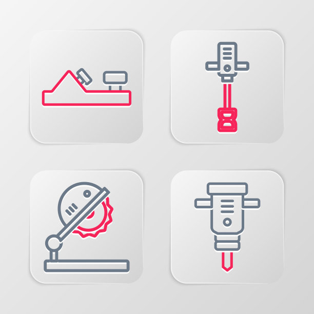 集施工手提钻，木工台锯，电动手动混凝土搅拌机和木工平面工具图标。向量图片下载