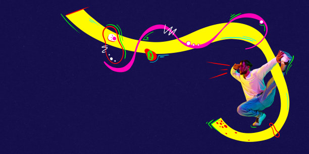 海报。当代艺术拼贴。舞者涂上霓虹灯滤镜，轻跳街舞，霹雳舞在黑暗的背景下被明亮的元素包围。图片下载