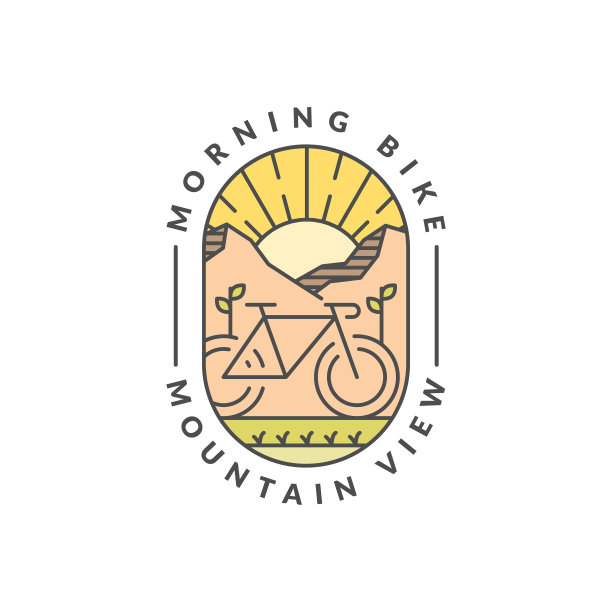 早晨山地自行车徽章矢量插图。山地和自行车单线或线条艺术风格图片下载