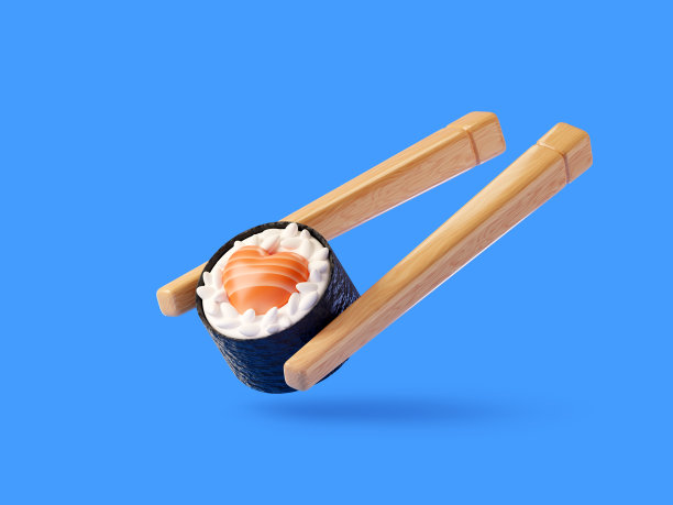 可爱的寿司卷，两根筷子夹着心形的鲑鱼。喜欢寿司。寿司吧，日本餐厅，亚洲食品外卖。三维渲染图图片下载