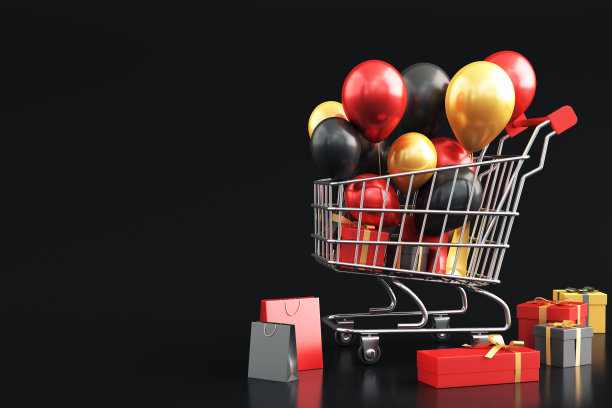 黑色星期五的礼物和气球在购物车概念股票照片图片下载