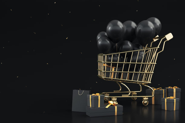 黑色星期五的礼物和气球在购物车概念股票照片图片下载