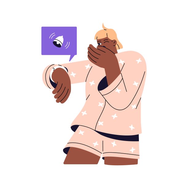 时间管理，日常事务，生产力。年轻女子早早被惊醒，打着哈欠。女孩在看智能手表，收到通知。健康的习惯。平面隔离矢量插图上的白色图片下载