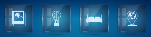 集照片，热气球，酒店房间床和位置的全球。方形玻璃板。向量图片下载