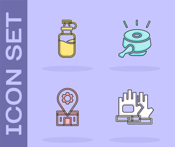 套手套，运动瓶与水，自行车维修服务和钟图标。向量图片下载