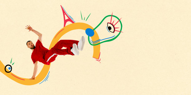 海报。当代艺术拼贴。创造性的现代艺术作品。街头舞者、自由式男子舞蹈、街舞环绕，绘制抽象元素。图片下载