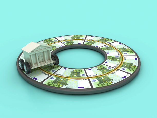 环形3D道路与欧元纸币和银行图片下载