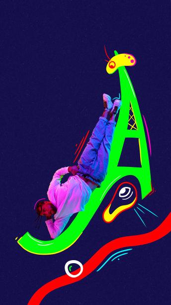 海报。当代艺术拼贴。精力充沛的男子舞者画在霓虹灯滤镜，光在自由式舞蹈，霹雳舞风格对黑暗模式的背景。图片下载