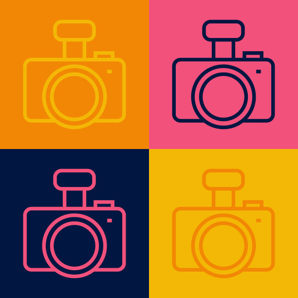 波普艺术线照片相机图标孤立的彩色背景。与相机。数码摄影。向量图片下载